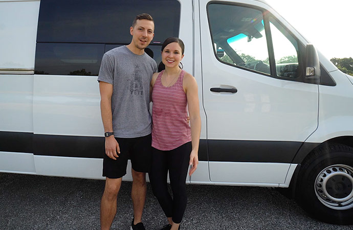 Display video tour of the self-converted Sprinter van Adam and Kathryn Frazer use for their budget-conscious adventuring.